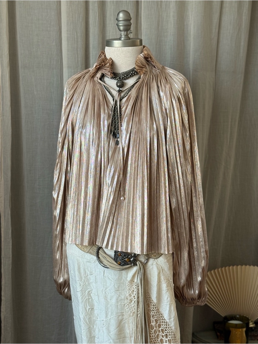 Opening Ceremony metallic pleated high collar romantic blouse balloon sleeves